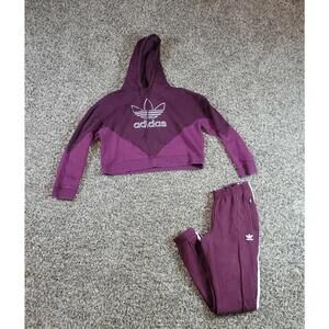 Adidas Crop Hoodie And Pants Maroon Fleece Line Cotton Womens Medium Pull Over